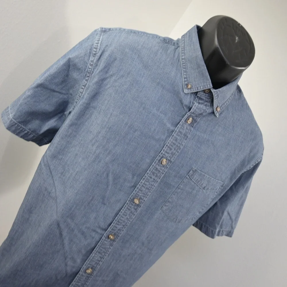 Banana Republic Button Up Men Large Slim Fit Blue Short Sleeve Pocket Cotton